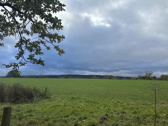 A broad green field with a wire fence in the foreground and the moor on the skyline under a cloudy sky